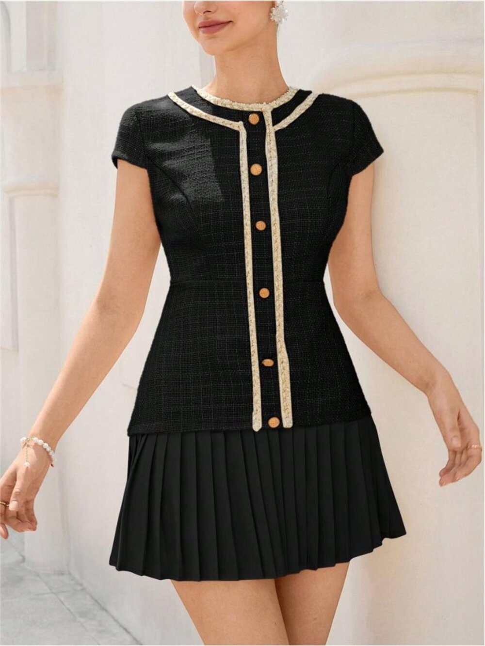 NEW Elegant Parisian Tweed Pleated Mini Dress Gold Button Chic